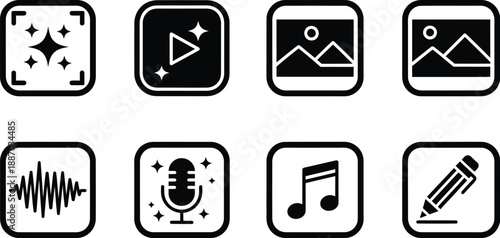 Set of 8 simple icons representing different media types: sparkling stars, video play button, landscape photos, sound wave, microphone, and music note.