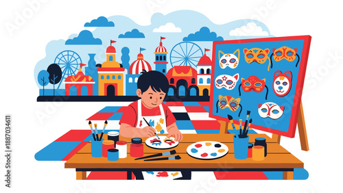 Flat vector illustration of a kid painting a craft mask at a theme park workshop booth with paint jars, brushes, sample board, bunting and tidy table setup. Solid colors, no gradients