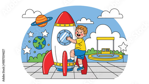 Flat vector illustration of a kid climbing a rocket-shaped play structure in a space-themed park zone with planets, star decor and launchpad stage backdrop. Solid colors, no gradients