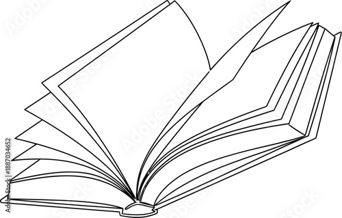 Open book with fanned pages in continuous line drawing style. Represents knowledge, education, reading, and storytelling. Minimalist illustration for literature and learning.
