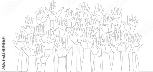 A crowd of many hands reaching upwards, symbolizing a call for action, voting, or seeking assistance. Abstract illustration of unity and support.