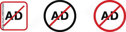 No Ads prohibited symbol icon set with crossed advertising sign for ad blocker privacy and digital design