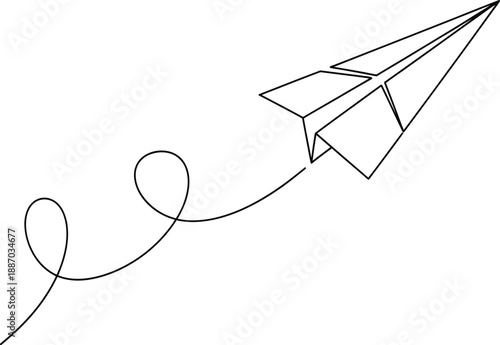 Minimalist continuous line drawing of a paper airplane in flight, trailing a curved line. Evokes themes of travel, aspiration, creativity, and new beginnings.