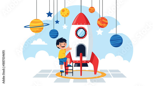 Flat vector illustration of a kid climbing a rocket-shaped play structure in a space-themed park zone with planets, star decor and launchpad stage backdrop. Solid colors, no gradients