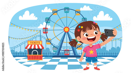 Flat vector illustration of a kid taking a selfie in front of a big Ferris wheel with ticket booth, decorative lights, festive flags and simple clouds. Solid colors, no gradients