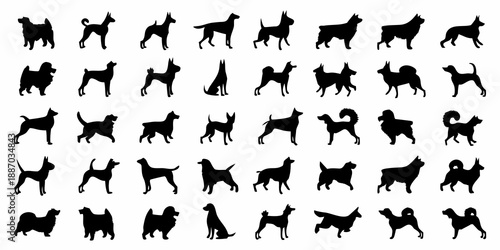 A collection of silhouetted dog breeds arranged in a grid pattern