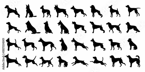 Silhouettes of dogs in various poses arranged in a grid pattern