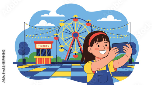 Flat vector illustration of a kid taking a selfie in front of a big Ferris wheel with ticket booth, decorative lights, festive flags and simple clouds. Solid colors, no gradients