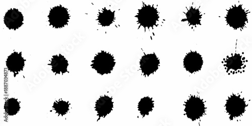 Abstract arrangement of irregular black ink blots on a white background