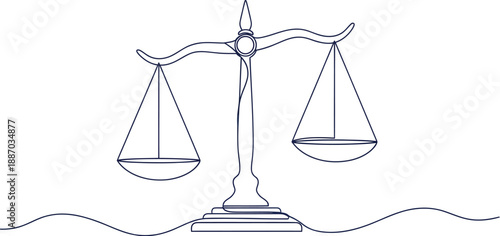 Scales of justice in a continuous line drawing style, symbolizing law, balance, and fairness. Minimalist illustration for legal concepts and judiciary themes.