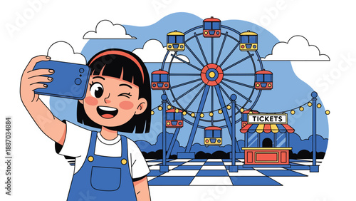 Flat vector illustration of a kid taking a selfie in front of a big Ferris wheel with ticket booth, decorative lights, festive flags and simple clouds. Solid colors, no gradients