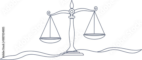 Simple scales of justice illustration in continuous line art, representing legal balance and fairness. Ideal for themes of law, judgment, and equality.