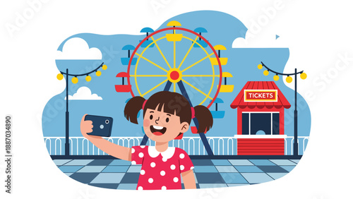 Flat vector illustration of a kid taking a selfie in front of a big Ferris wheel with ticket booth, decorative lights, festive flags and simple clouds. Solid colors, no gradients