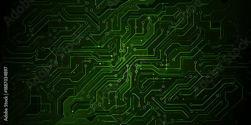 Abstract green circuit board pattern with glowing lines and technological connections