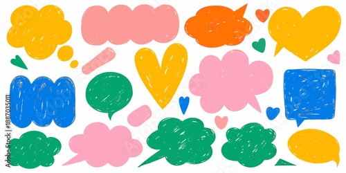 Colorful abstract shapes and speech bubbles in a playful hand drawn style