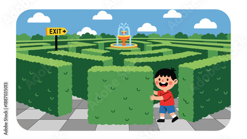 Flat vector illustration of a kid exploring a hedge maze with a clue card, tall green walls, direction arrows, exit sign and central fountain visible above. Solid colors, no gradients