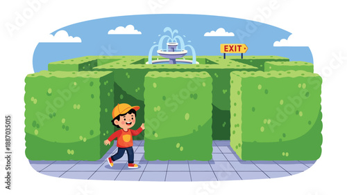Flat vector illustration of a kid exploring a hedge maze with a clue card, tall green walls, direction arrows, exit sign and central fountain visible above. Solid colors, no gradients