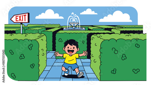 Flat vector illustration of a kid exploring a hedge maze with a clue card, tall green walls, direction arrows, exit sign and central fountain visible above. Solid colors, no gradients