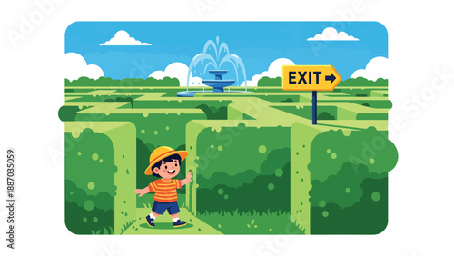 Flat vector illustration of a kid exploring a hedge maze with a clue card, tall green walls, direction arrows, exit sign and central fountain visible above. Solid colors, no gradients