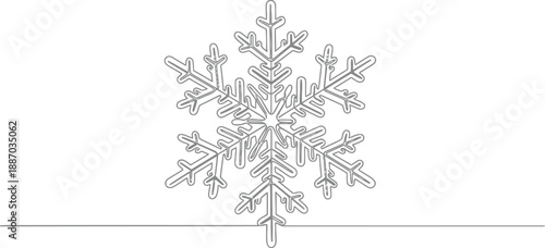Detailed single line drawing of a symmetrical snowflake, representing winter's elegance, cold weather, and festive holiday themes