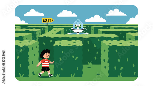 Flat vector illustration of a kid exploring a hedge maze with a clue card, tall green walls, direction arrows, exit sign and central fountain visible above. Solid colors, no gradients