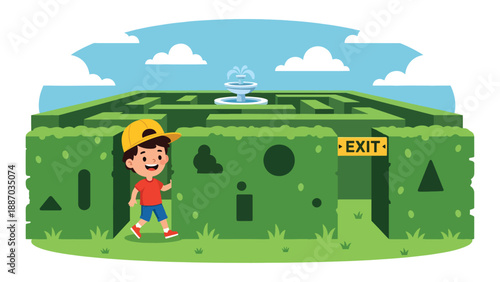 Flat vector illustration of a kid exploring a hedge maze with a clue card, tall green walls, direction arrows, exit sign and central fountain visible above. Solid colors, no gradients