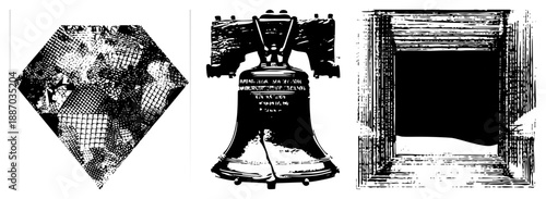 Vintage Halftone Bell with Textured Grid and Wooden Frame