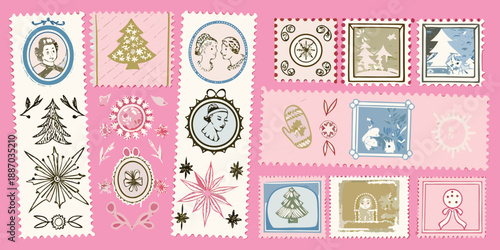 A collection of vintage style christmas stamps and decorative elements on pink