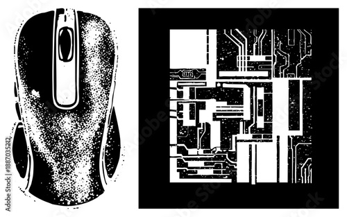 Vintage Dot Matrix Computer Mouse and Circuit Board Vector Illustration