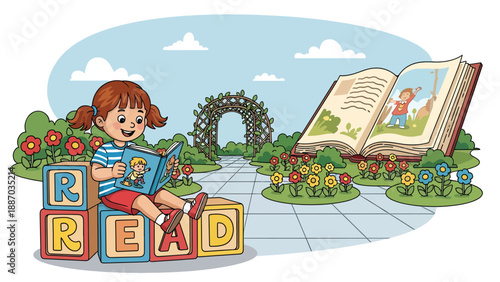 Flat vector illustration of a kid reading on oversized letter blocks in a storybook garden with giant open-book sculpture, flowers and trellis arch. Solid colors, no gradients