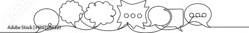 Minimalist one-line drawing featuring various speech and thought bubbles, symbolizing dialogue and the exchange of ideas