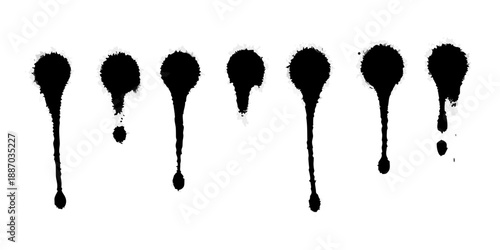 Seven black ink blots arranged in a vertical line on a white background