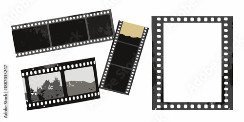 Arrangement of vintage film strips and blank frames against a white background