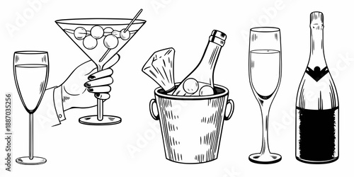 Elegant cocktail setup featuring martini champagne and celebratory bottle sketch