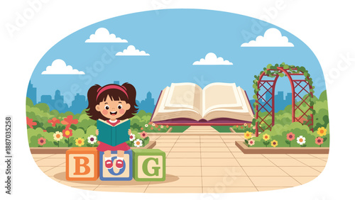 Flat vector illustration of a kid reading on oversized letter blocks in a storybook garden with giant open-book sculpture, flowers and trellis arch. Solid colors, no gradients