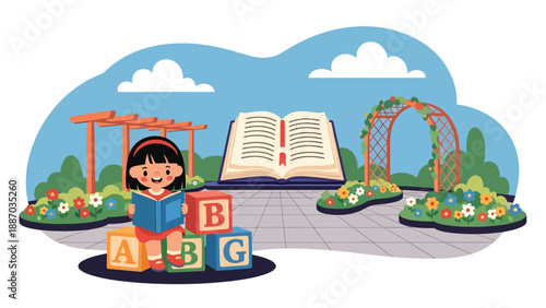 Flat vector illustration of a kid reading on oversized letter blocks in a storybook garden with giant open-book sculpture, flowers and trellis arch. Solid colors, no gradients