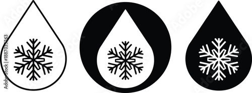 Cold water drop snowflake icon set in outline and solid styles for winter cooling temperature design