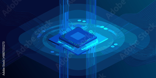 Isometric view of a microchip with glowing blue circuit board design