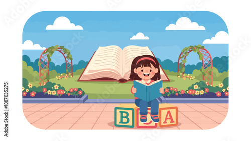 Flat vector illustration of a kid reading on oversized letter blocks in a storybook garden with giant open-book sculpture, flowers and trellis arch. Solid colors, no gradients