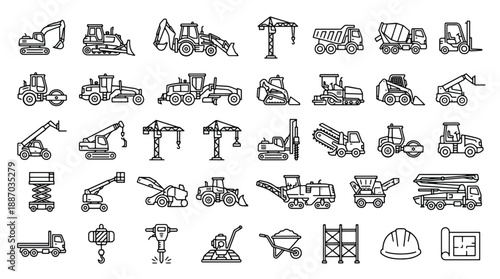 Construction icons set including various vehicles and equipment for building and engineering projects in black and white