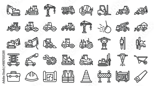 Construction icons set including vehicles, tools, equipment, safety gear, and workers in a simple line style