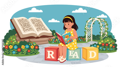 Flat vector illustration of a kid reading on oversized letter blocks in a storybook garden with giant open-book sculpture, flowers and trellis arch. Solid colors, no gradients