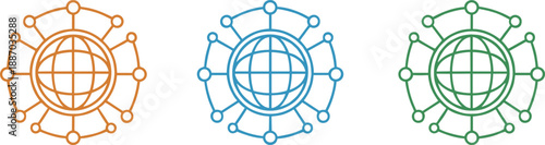 Global network globe icon set in colorful outline style for internet connection technology and digital communication design