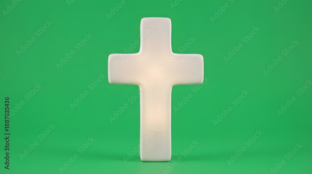 Obraz premium White illuminated cross on a green background. Symbol of Christianity and religion. Concept for Easter and spiritual themes.