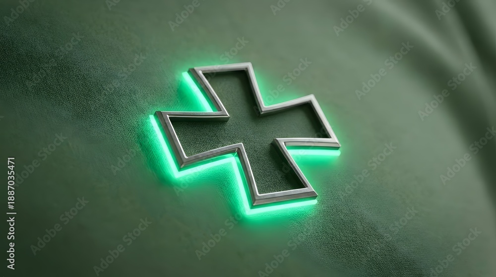 Fototapeta premium Green glowing metal cross symbol on a textured surface. Modern religious spirituality and catholic faith concept. Icon for church or Easter holiday.