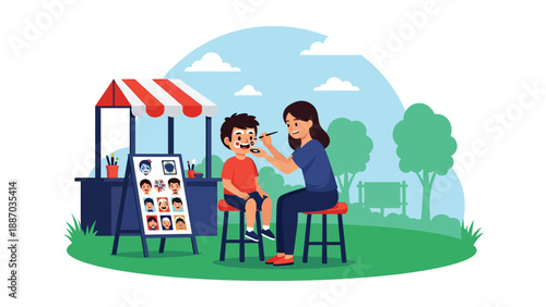 Flat vector illustration of a kid getting face paint at a theme park booth with canopy, sample designs board, queue stanchions and cheerful decor. Solid colors, no gradients