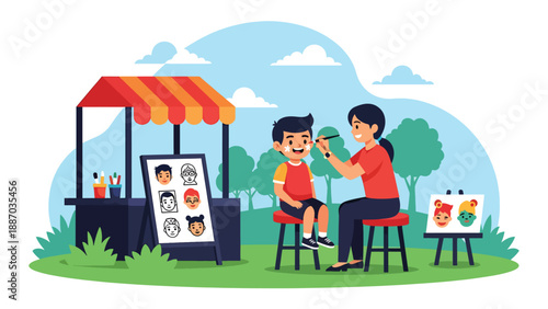 Flat vector illustration of a kid getting face paint at a theme park booth with canopy, sample designs board, queue stanchions and cheerful decor. Solid colors, no gradients