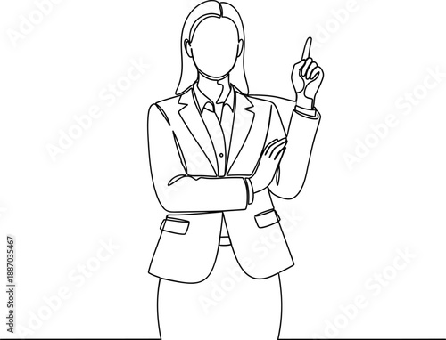 Continuous line drawing of a business woman in a suit, arms crossed with index finger pointing up, conveying leadership and ideas