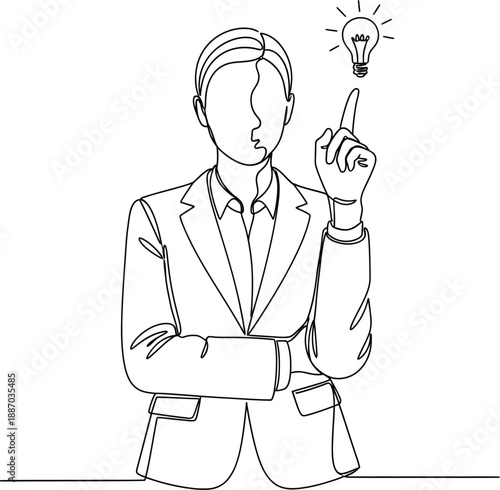 Continuous line drawing of a person in a suit pointing upwards with an idea lightbulb, representing innovation and business success
