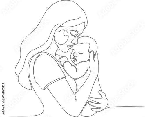 Elegant continuous line drawing of a mother embracing her sleeping baby, celebrating maternal love and nurture